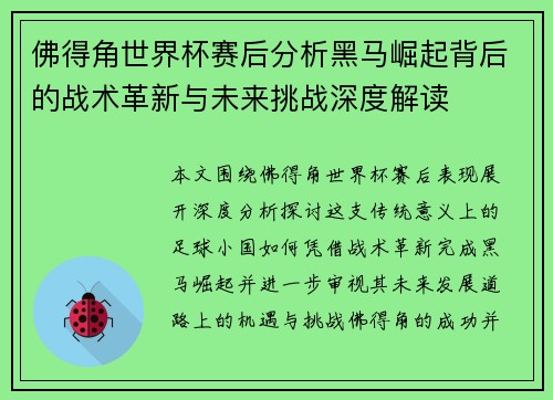 佛得角世界杯赛后分析黑马崛起背后的战术革新与未来挑战深度解读